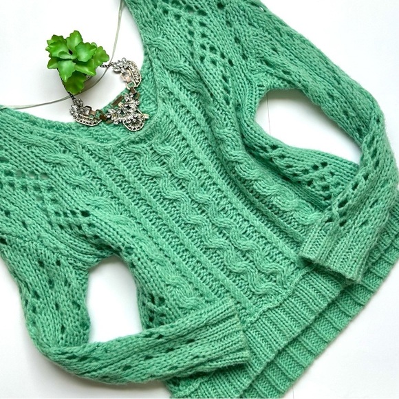Free People Y2K Green Open Chunky Wool Mohair Blend Cable Knit Sweater Size M - Picture 4 of 16